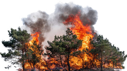 A dramatic scene of a forest fire, showcasing flames engulfing trees with thick smoke billowing into the air, highlighting the intensity and danger of wildfires in natural landscap