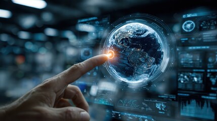 High-tech Interface with Finger Touching Digital Globe Displaying Data