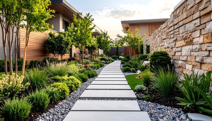 Picturesque garden path between modern homes