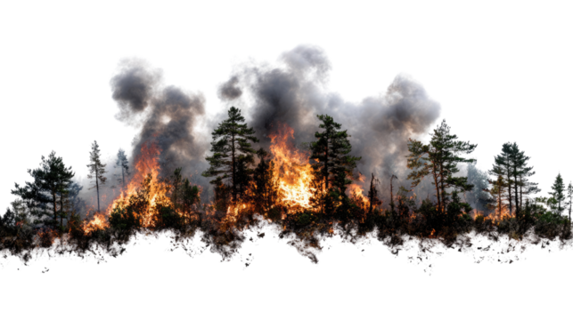A dramatic scene of wildfires engulfing a forest with towering flames and thick smoke rising, illustrating the power and danger of natural disasters.
