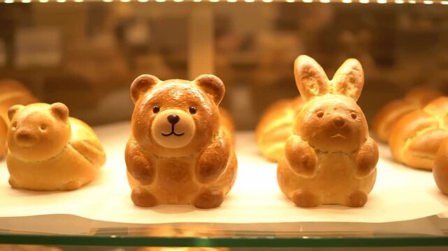 Adorable Animal Breads in Bakery Display - Close-up view of several baked goods shaped like cute animals&mdash;a bear, a rabbit, and others&mdash;displayed in a bakery showcase.