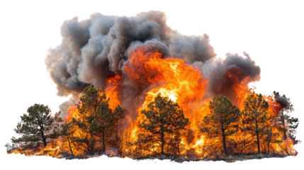 A dramatic scene of a forest fire with flames and thick smoke engulfing trees. The image captures the intense and destructive power of fire in nature.