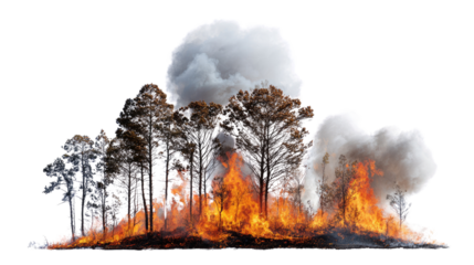 A vivid depiction of a forest fire, showcasing intense flames engulfing trees while smoke billows upward against a contrasting black background.