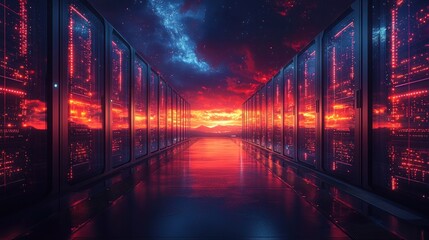 Futuristic Technology Hub with Neon Lights and Dramatic Sunset Scene