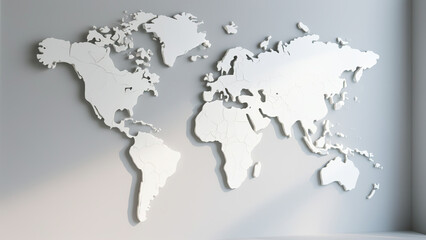 Photorealistic white embossed world map with adjusted texture details, light gray background with warm tint, detailed relief, minimalist style, 70% similarity to original