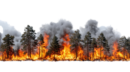 A dramatic scene of a forest fire with flames engulfing trees and thick smoke billowing into the sky, highlighting the urgency of environmental awareness and wildfire prevention.