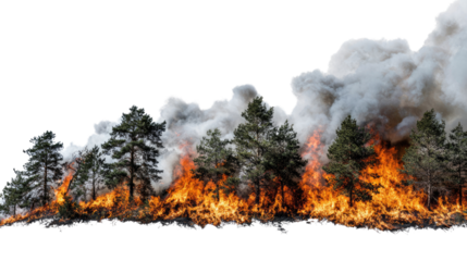A fierce wildfire engulfing a line of trees, producing thick smoke and flames