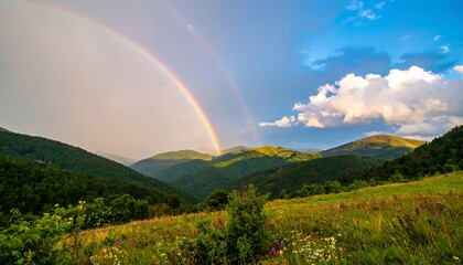 Mountain landscape with double rainbow