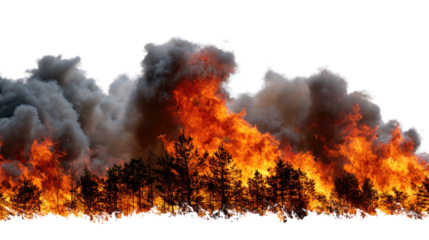 A dramatic scene of a forest fire with flames and thick smoke rising above the trees, showcasing the destructive power of nature in a striking and urgent manner.