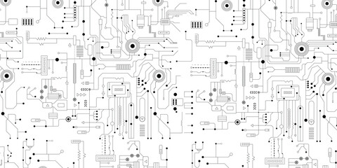 Minimalistic electronic circuit board background, black PCB lines and nodes on white backdrop, high-tech schematic design, abstract vector illustration, clean technology pattern