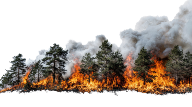 A fierce wildfire engulfing a line of trees, producing thick smoke and flames