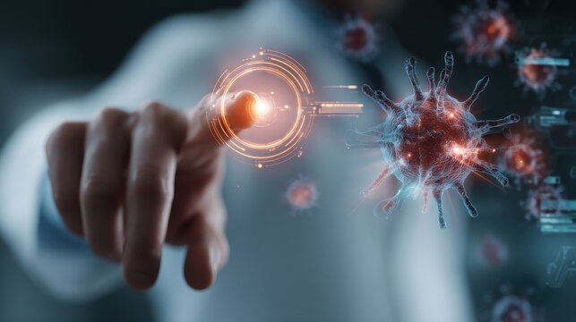 Scientist Interacting with Digital Virus Visualization in Laboratory Setting