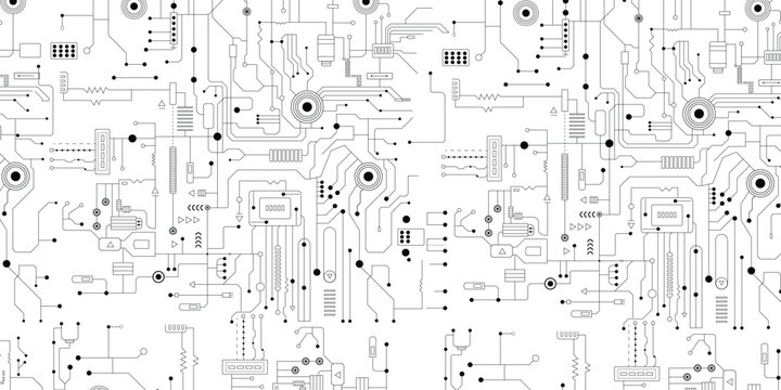 Minimalistic electronic circuit board background, black PCB lines and nodes on white backdrop, high-tech schematic design, abstract vector illustration, clean technology pattern