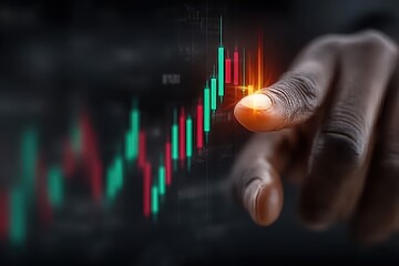 Touching Digital Stock Market Chart with Finger on Black Background