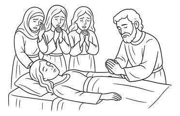Biblical scene of peter healing dorcas with praying onlookers in religious artwork for faith-based designs