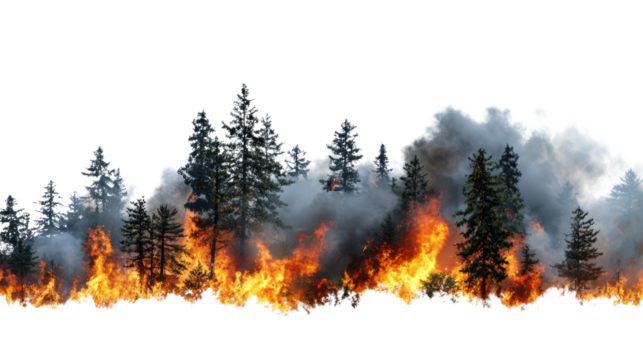 A dramatic scene of wildfires engulfing a forest, showcasing intense flames and thick smoke rising amidst tall trees, illustrating the destructive force of nature.