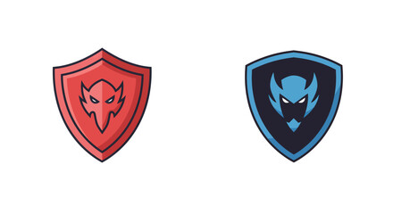 Two cartoon shields with monster faces, red and blue, illustration.