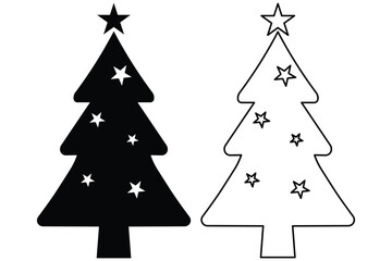 Winter Wonderland Christmas Trees Vector Bundle, Snowy Blue Sparkle Star Holiday Pack. Christmas tree silhouette clipart set. Black Christmas tree drawing clip art collection xmas season pine tree