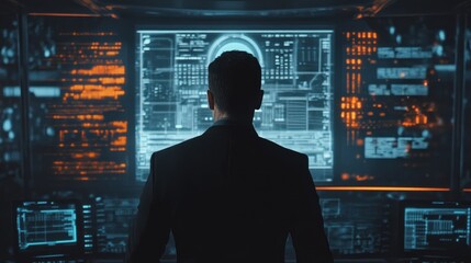 Man observing digital displays