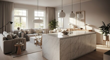 Elegant modern Scandinavian living room and kitchen with marble island, comfortable sofas, and natural light.