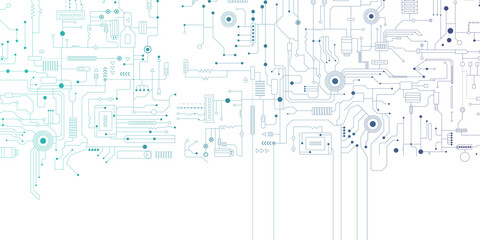Electronic circuit board frame with white center, abstract black PCB lines and components, vector technology background, digital schematic pattern, modern tech design on white. 