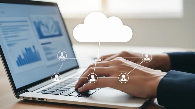 Cloud computing, data analysis, business technology, and remote collaboration concept with hands typing laptop keyboard, cloud icon, connected user symbols, network diagram overlay, and modern