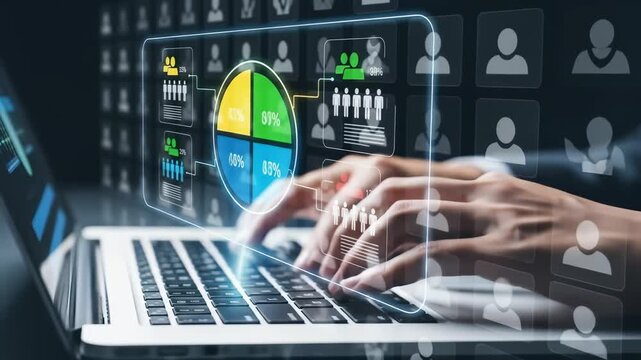 Business analytics dashboard and data analysis for digital marketing strategy with hands typing laptop, technology driven statistics visualization, data visualization, teamwork, and modern
