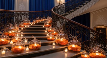 Staircase decorated with glass pumpkins filled with orange flowers and candles for a festive display