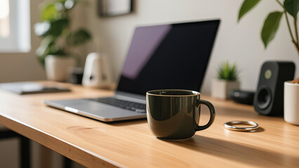 Photorealistic office desk setup with dark coffee cup, silver ring, laptop on dark display, blurred potted plants and tech accessories, warm lighting, wooden desk texture, soft focus on cup