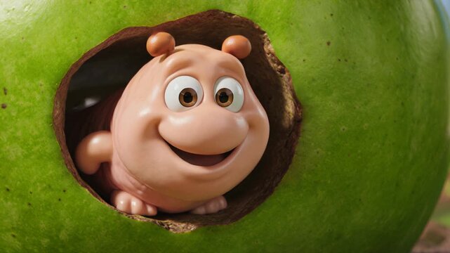 Strange cheerful cartoon worm inside an apple. AI animation.