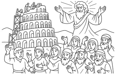 Biblical scene of the tower of babel with divine figure and workers in black and white line art design