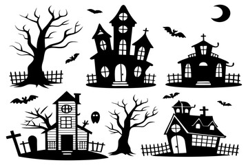 Haunted House Silhouettes | Halloween Clipart Set with Bats, Pumpkins & Spooky Tree