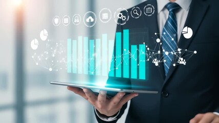 Business technology innovation Businessman holding tablet with glowing bar chart, data analytics icons, digital interface, finance growth, analytics strategy, modern business chart, futuristic - Powered by Adobe