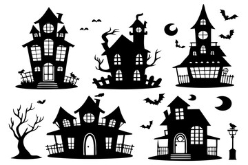 Haunted House Silhouettes | Halloween Clipart Set with Bats, Pumpkins & Spooky Tree