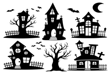 Haunted House Silhouettes | Halloween Clipart Set with Bats, Pumpkins & Spooky Tree