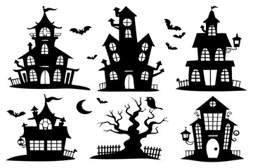 Haunted House Silhouettes | Halloween Clipart Set with Bats, Pumpkins & Spooky Tree