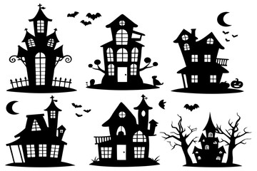 Haunted House Silhouettes | Halloween Clipart Set with Bats, Pumpkins & Spooky Tree