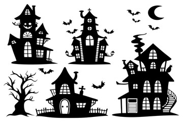 Haunted House Silhouettes | Halloween Clipart Set with Bats, Pumpkins & Spooky Tree