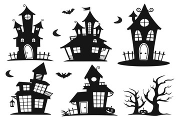 Haunted House Silhouettes | Halloween Clipart Set with Bats, Pumpkins & Spooky Tree