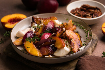 Salad with Caramelized Peaches, Burrata, Pecans, Thyme, and Honey