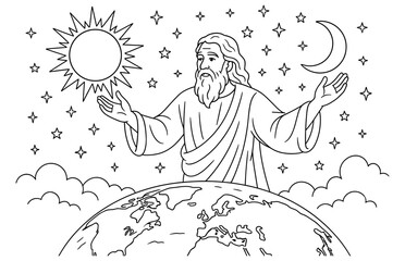 Creation theme coloring page for kids featuring earth, sun, and moon scene