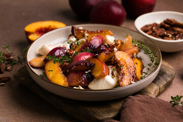 Salad with Caramelized Peaches, Burrata, Pecans, Thyme, and Honey