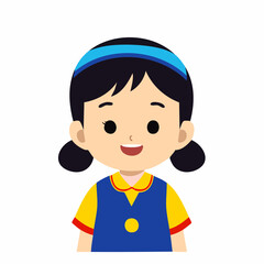 Smiling cheerful cartoon girl with pigtails and blue headband, wearing a vibrant blue and yellow outfit