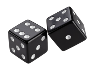 Two black dice ready to roll for a game of chance, risk, and fortune with a glossy finish