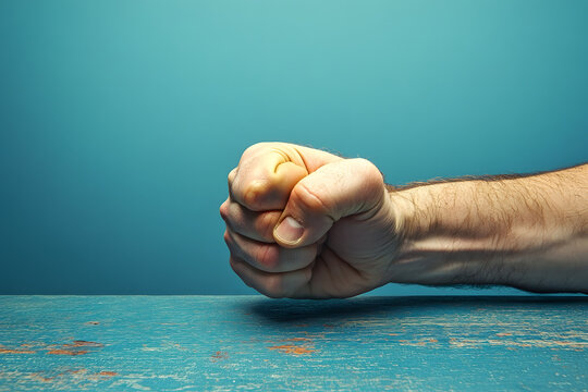 close-up view of a clenched fist slamming onto a table blue background