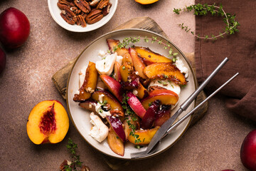 Salad with Caramelized Peaches, Burrata, Pecans, Thyme, and Honey