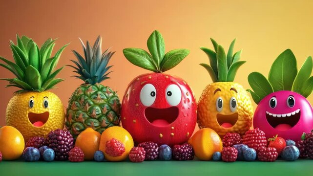 Colorful cartoon fruits smiling and posing for a picture, with oranges, pineapples, bananas, strawberries, blueberries and more.