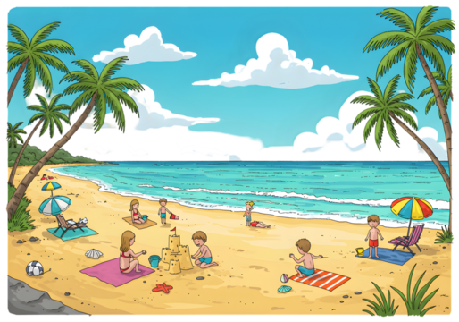 Pixel Art Beach Scene Illustration With Palm Trees Children Playing at Coast - Powered by Adobe