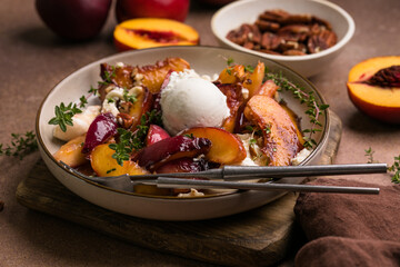 Salad with Caramelized Peaches, Burrata, Pecans, Thyme, and Honey