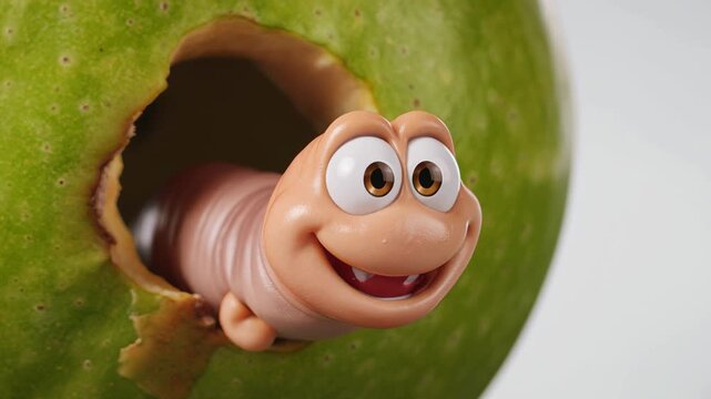 Cartoon cheerful worm inside a green apple.
